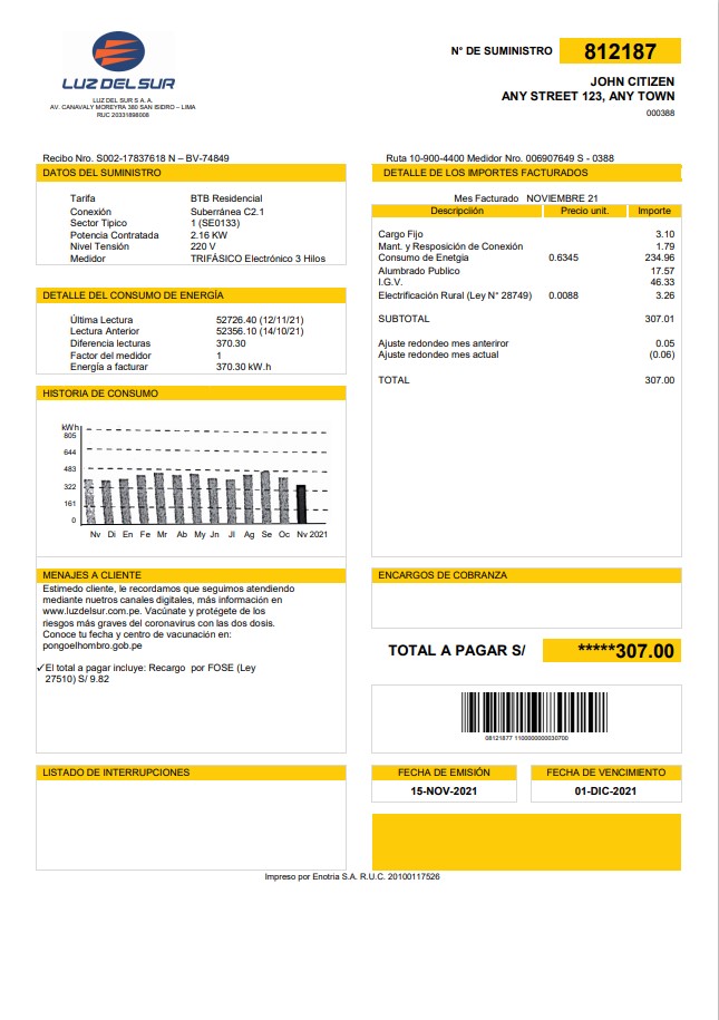Peru Luz de Sur utility bill template in Word and PDF format, fully editable